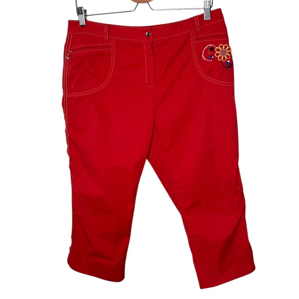 Pierre Balmain Golf Womens Red Capris Floral Embroidery Size 84 cm / 33"